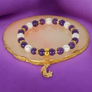 Amethyst Mother of Pearl Bracelet with Gold Crescent Moon Charm Galaxycore Y2K